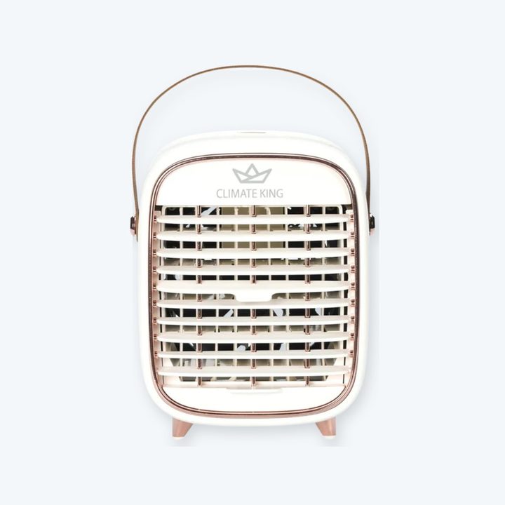Climatizador de sobremesa Climate King Retro blanco con detalles color cobre y asa marrón, vista frontal en ángulo