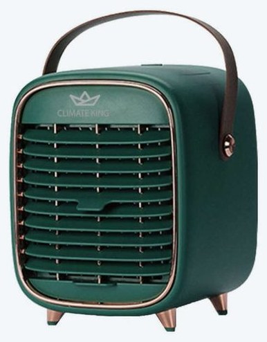 Climatizador de sobremesa Climate King Retro verde con detalles color cobre y asa marrón, vista frontal en ángulo